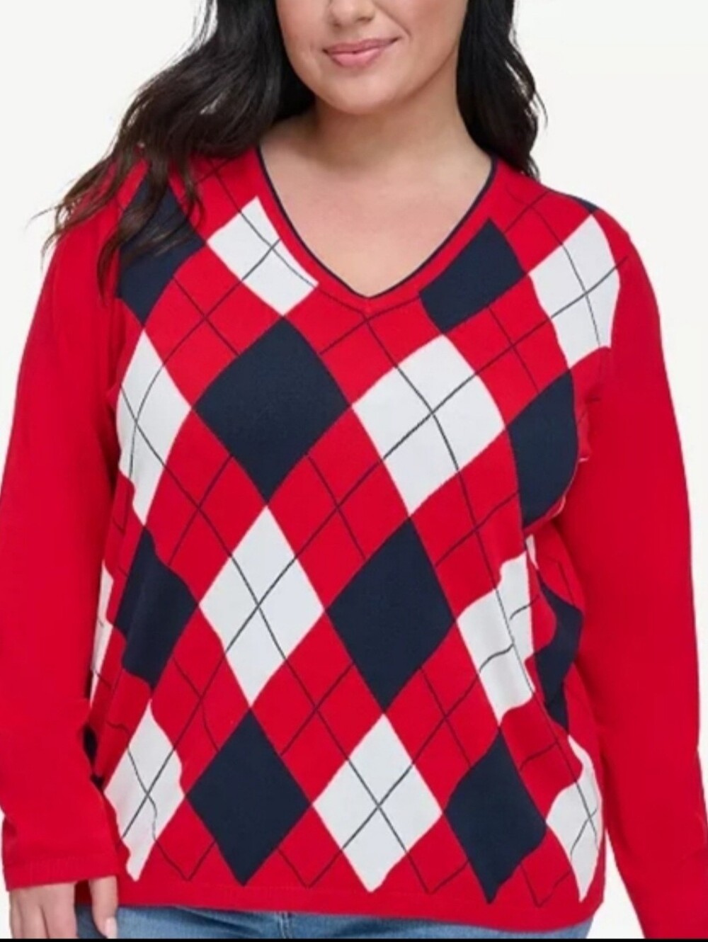 Tommy Hilfiger Medium Ladies' Red & Navy Argyle V-Neck Sweater